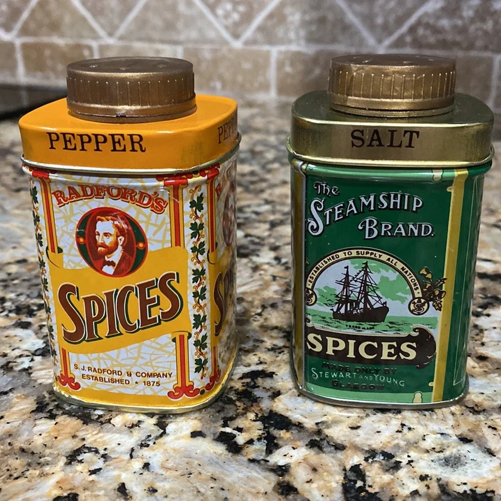 VINTAGE Novelty LIKE NEW Radford Spices Steamship Brand Salt & Pepper Tin Shaker